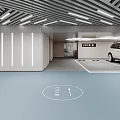 Modern Indoor Parking Garage Design Featuring White SUV Floor Arrows And Ceiling Lighting