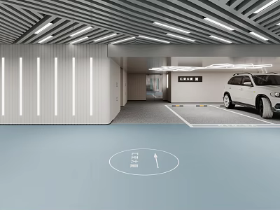Modern Indoor Parking Garage Design Featuring White SUV Floor Arrows And Ceiling Lighting 3d model