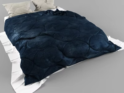 Double Bed with Dark Blue Quilted Comforter Beige Pillows and White Bed Sheet 3d model