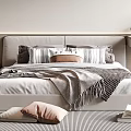 Cozy Double Bed With Light Gray Headboard Pillows Throw Blanket Nightstands And Striped Rug