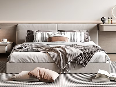 Cozy Double Bed With Light Gray Headboard Pillows Throw Blanket Nightstands And Striped Rug 3d model