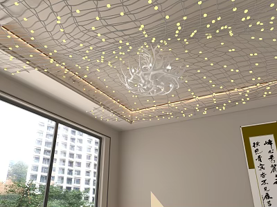 Interior Ceiling With Netted String Lights Chandelier Chinese Calligraphy Painting Near Window High Rise View 3d model