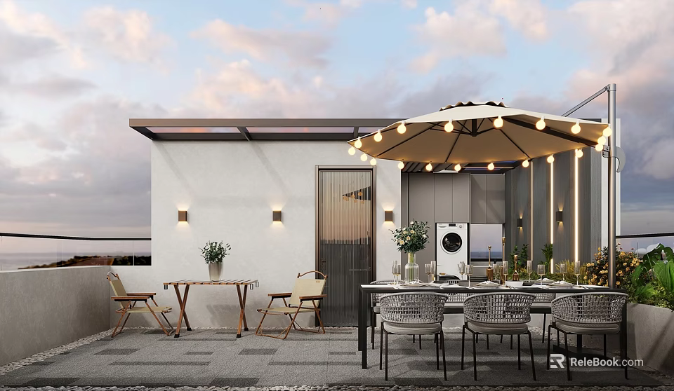 Home Balcony Design with Outdoor Table Chairs Umbrella String Lights Green Plants and Washing Machine 3d model 