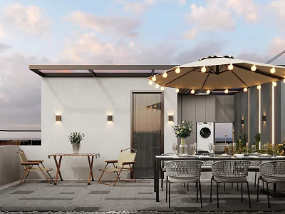 Home Balcony Design with Outdoor Table Chairs Umbrella String Lights Green Plants and Washing Machine 3d model