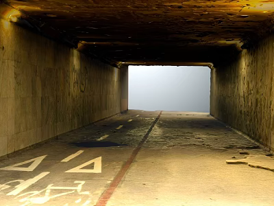 Concrete Tunnel Structure with Graffiti Covered Walls Damaged Ground Arrows and Light at End 3d model