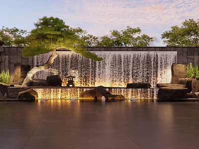 Illuminated Waterfall Feature Wall With Pine Tree Rocks And Sunset Sky View 3d model