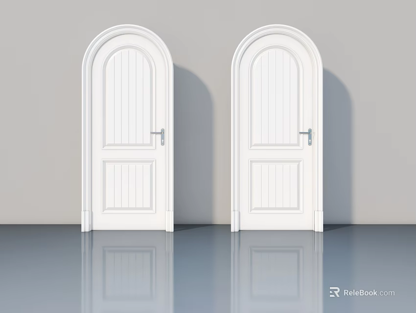 White Hinged Doors With Arched Top Panel Design And Silver Handles On Reflective Floor 3d model