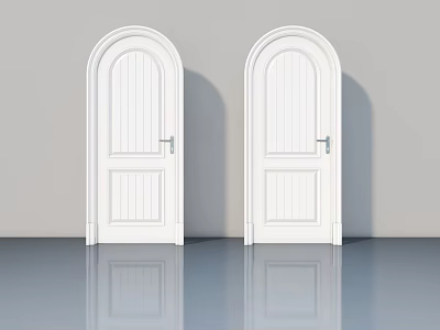 White Hinged Doors With Arched Top Panel Design And Silver Handles On Reflective Floor 3d model