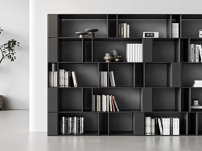 Modern Black Modular Bookcase With Multiple Compartments And Books And Decorative Items 3d model