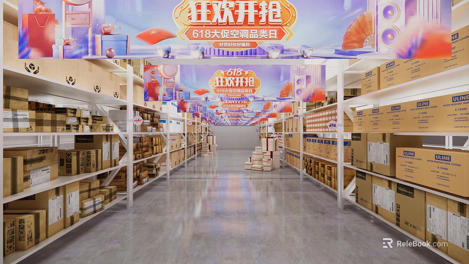 Neatly Arranged Storage Shelves Filled With Boxes In Large Warehouse Space 3d model 