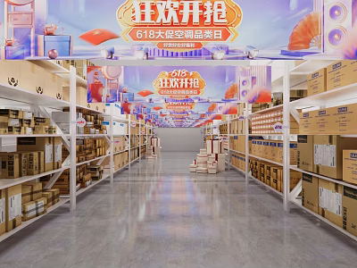 Neatly Arranged Storage Shelves Filled With Boxes In Large Warehouse Space 3d model