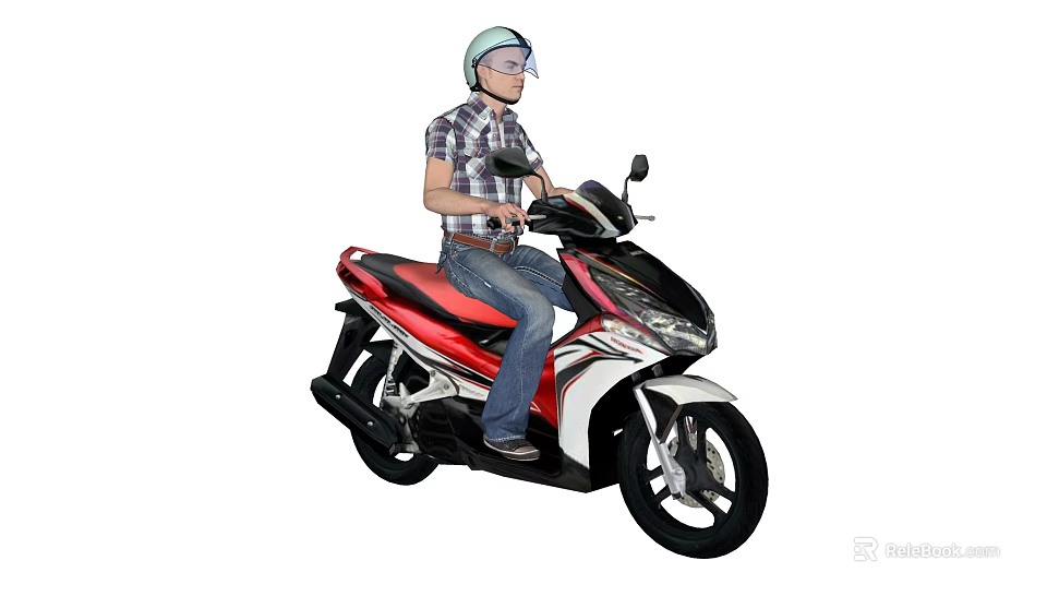 Man Riding Red Black White Scooter Wearing Helmet And Glasses 3d model 
