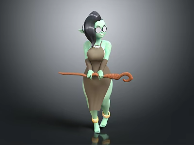 Green Skinned Black Haired Glasses Wearing Elf Holding Wooden Staff In Apron With Ankle Cuffs 3d model
