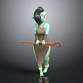 Green Skinned Black Haired Glasses Wearing Elf Holding Wooden Staff In Apron With Ankle Cuffs