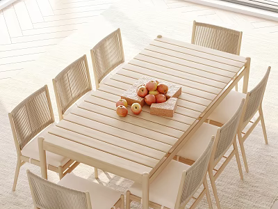 Stylish Wooden Outdoor Table with Six Rattan Chairs and Fruit Basket on Patio 3d model