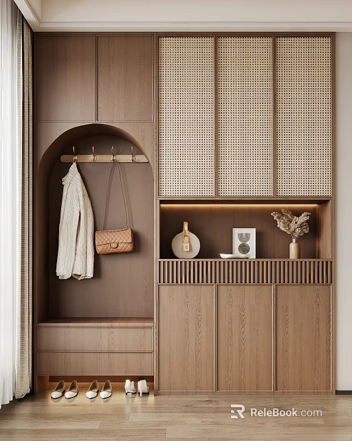 Modern Wooden Shoe Cabinet With Woven Doors Open Shelf And Coat Hanger Storage 3d model 