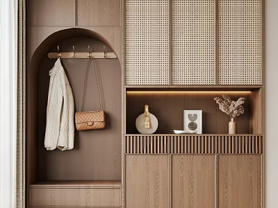 Modern Wooden Shoe Cabinet With Woven Doors Open Shelf And Coat Hanger Storage 3d model