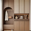 Modern Wooden Shoe Cabinet With Woven Doors Open Shelf And Coat Hanger Storage