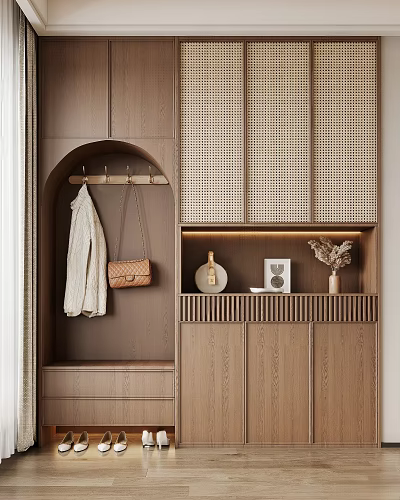 Modern Wooden Shoe Cabinet With Woven Doors Open Shelf And Coat Hanger Storage 3d model