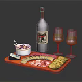 Charcuterie Platter with Sliced Meats Cheese Crackers Dip and Red Wine Glasses