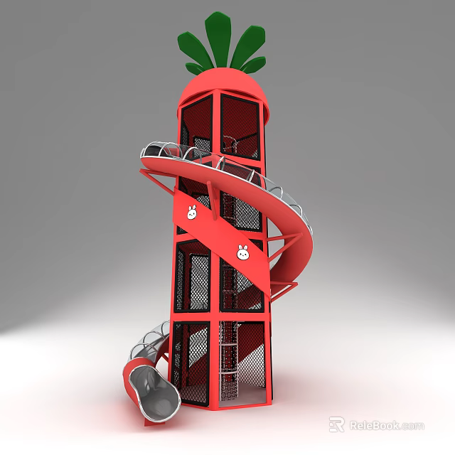 Red Children's Play Structure With Spiral Slide And Carrot Shaped Top 3d model 