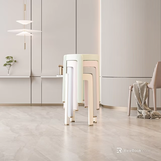 Modern Minimalist Light Colored Stools In Bright Living Room Interior With Simple Design 3d model 
