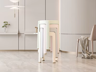 Modern Minimalist Light Colored Stools In Bright Living Room Interior With Simple Design 3d model