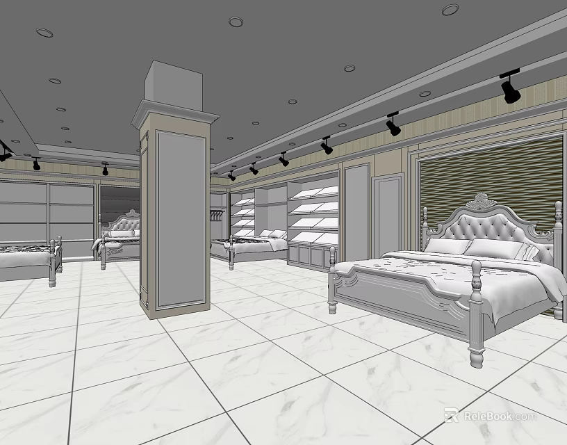 Elegant Bedroom Furniture Store with Display Beds Cabinets and Lighting Fixtures 3d model 