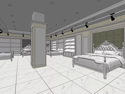 Elegant Bedroom Furniture Store with Display Beds Cabinets and Lighting Fixtures 3d model