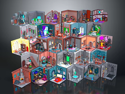 Cartoon Scenes with Stacked Colorful Small Rooms and Various Furnishings in Block Style Design 3d model