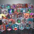 Cartoon Scenes with Stacked Colorful Small Rooms and Various Furnishings in Block Style Design