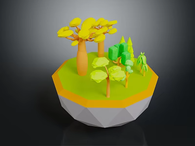 Cartoon Style Island Scene Featuring Yellow Big Trees Green Shrubs And Polygonal Base 3d model