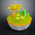 Cartoon Style Island Scene Featuring Yellow Big Trees Green Shrubs And Polygonal Base