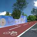 Blue Scenic Wall With Circular Patterns And Inscriptions By Tree Lined Red Bicycle Lane 3d model