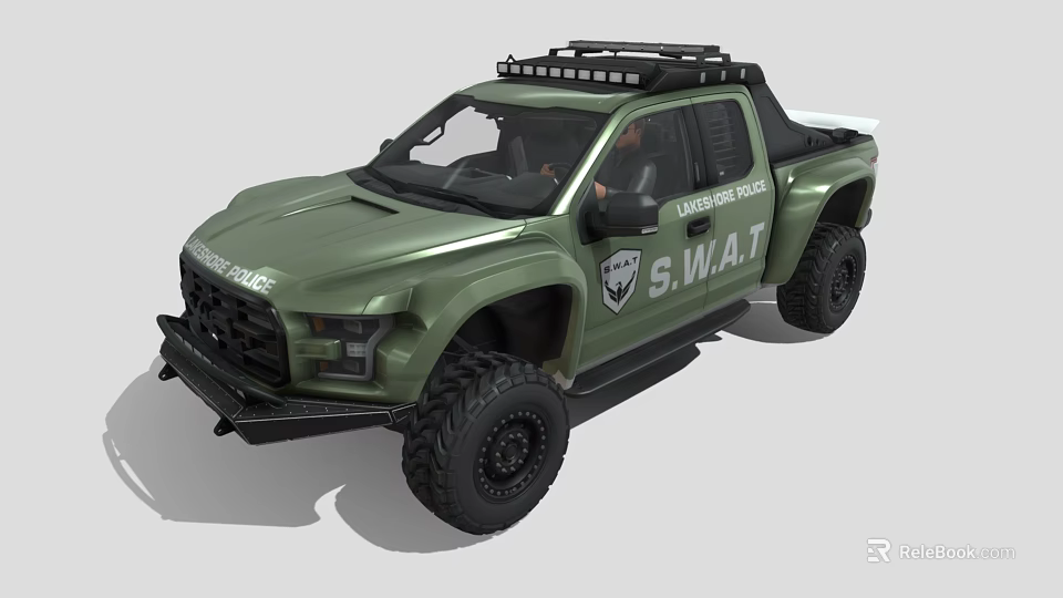 Green Los Angeles SWAT Tactical Pickup Truck With Roof Rack And Off Road Tires 3d model 