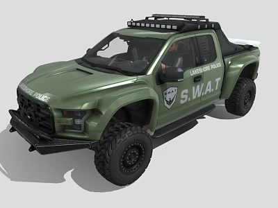 Green Los Angeles SWAT Tactical Pickup Truck With Roof Rack And Off Road Tires 3d model