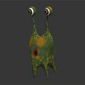 Cartoon Monster Character With Big Eyes Green Yellow Spotted Body And Legs