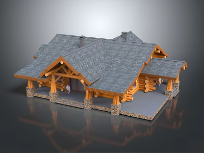Log Cabin Exterior With Log Structure Gray Tile Roof And Stone Base Porch Columns 3d model