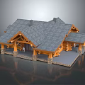 Log Cabin Exterior With Log Structure Gray Tile Roof And Stone Base Porch Columns