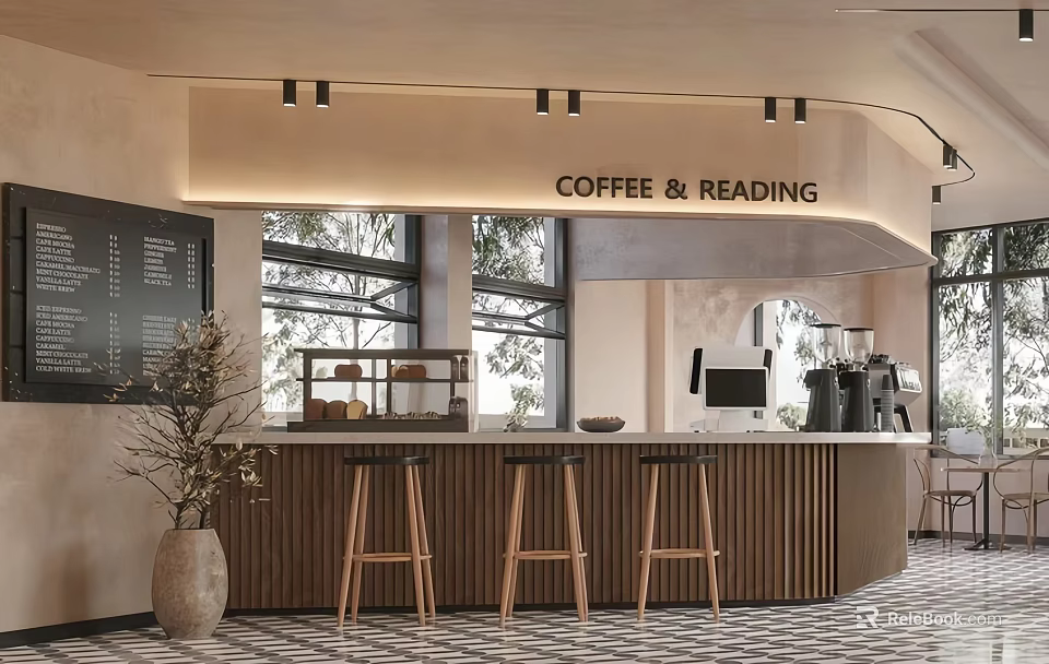 Coffee Shop Interior For Reading With Wooden Counter Stools Large Windows And Potted Plant Decor 3d model 