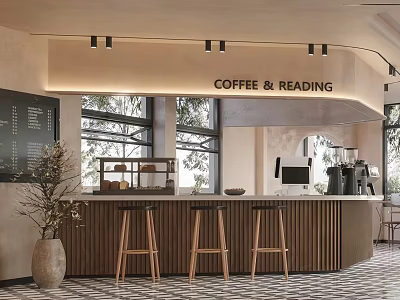 Coffee Shop Interior For Reading With Wooden Counter Stools Large Windows And Potted Plant Decor 3d model
