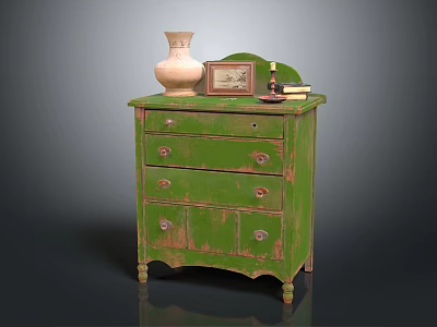 Vintage Green Entryway Cabinet And Side Cabinet With Drawers Vase Picture Frame Books 3d model