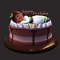 Sleeping Girl Decoration On Chocolate Birthday Cake With Whipped Cream Green Leaf And Happy Birthday Sign