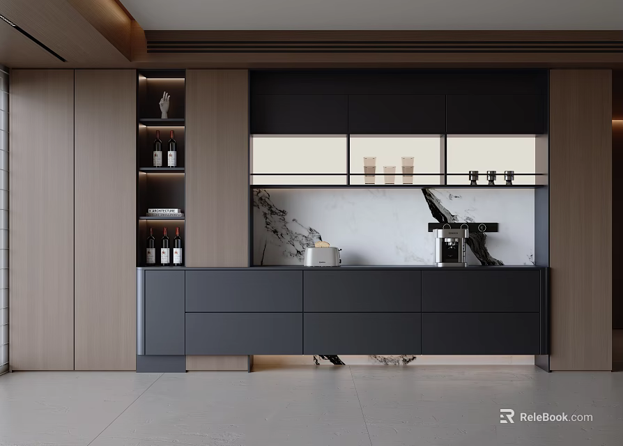 Modern Black And Wooden Sideboard With Open Shelves Drawers Wine Bottles And Coffee Machine 3d model 