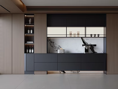 Modern Black And Wooden Sideboard With Open Shelves Drawers Wine Bottles And Coffee Machine 3d model
