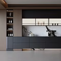 Modern Black And Wooden Sideboard With Open Shelves Drawers Wine Bottles And Coffee Machine