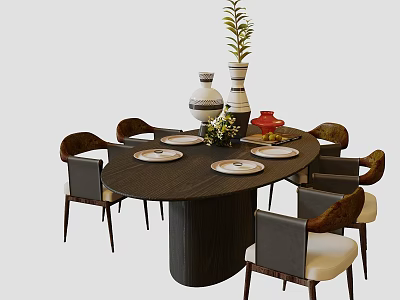 Round Dark Wooden Dining Table Set With Upholstered Chairs Plates Vases And Green Plant 3d model