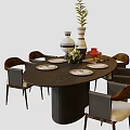 Round Dark Wooden Dining Table Set With Upholstered Chairs Plates Vases And Green Plant