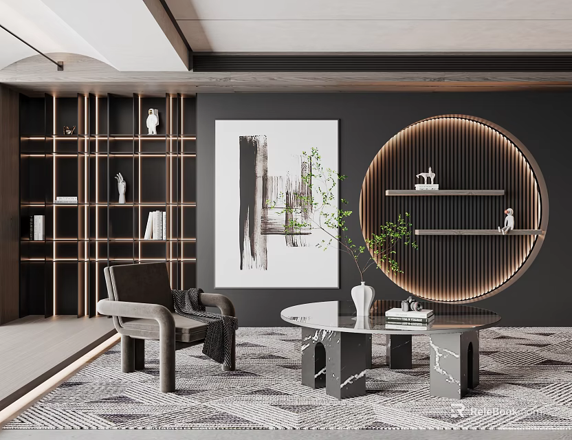 Elegant Modern Marble Coffee Table with Gray Sofa Green Plant Round Bookshelf in Living Room 3d model 