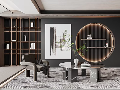 Elegant Modern Marble Coffee Table with Gray Sofa Green Plant Round Bookshelf in Living Room 3d model